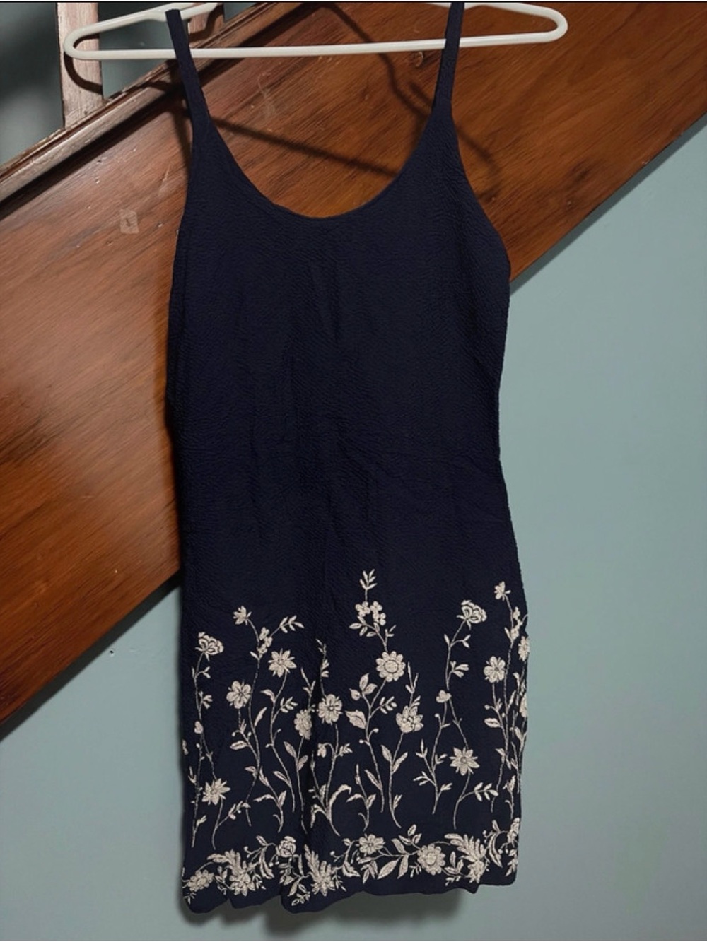 Free People Navy Mini Slip Dress with Cream Floral Embroidery